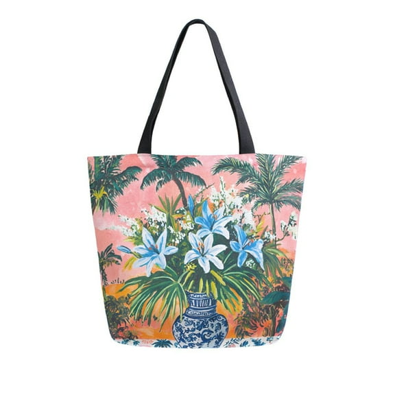 FORMRS Womens Canvas Tote Bag with Zipper Inner Pocket Shoulder Handbag, Blue Flowers