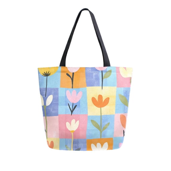 FORMRS Womens Canvas Tote Bag with Zipper Inner Pocket Shoulder Handbag, Blue Flowers