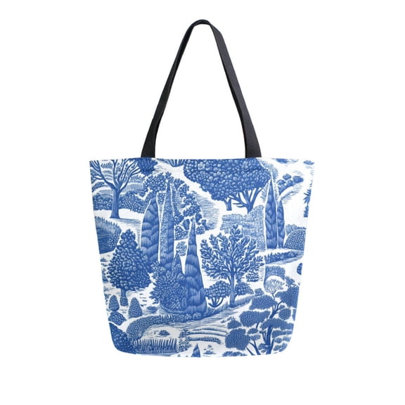 FORMRS Womens Canvas Tote Bag with Zipper Inner Pocket Shoulder Handbag, Blue Garden Pattern