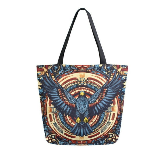 FORMRS Womens Canvas Tote Bag with Zipper Inner Pocket Shoulder Handbag, Blue Geometric Eagle