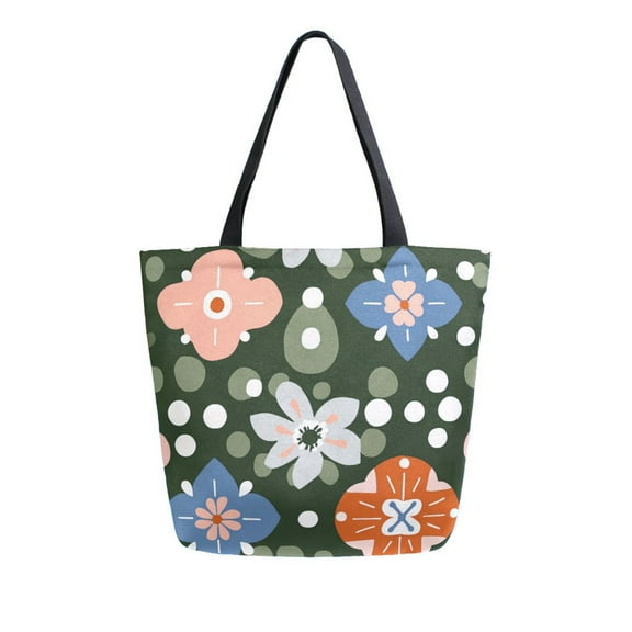 FORMRS Womens Canvas Tote Bag with Zipper Inner Pocket Shoulder Handbag, Blue Geometric Flowers
