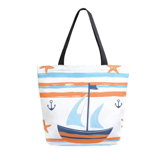 FORMRS Womens Canvas Tote Bag with Zipper Inner Pocket Shoulder Handbag, Blue Nautical Pattern