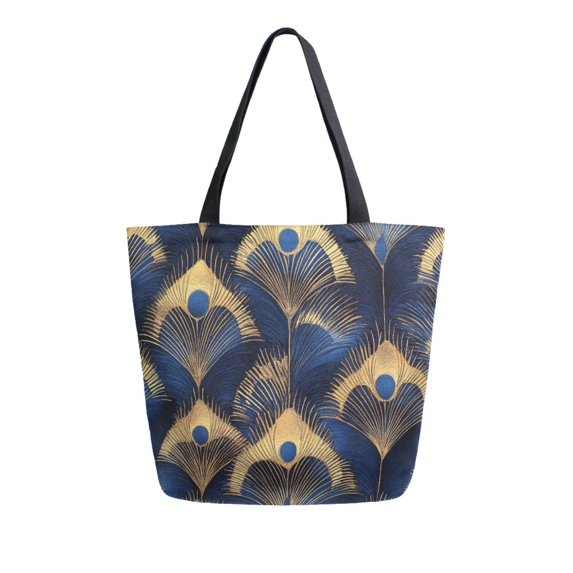 FORMRS Womens Canvas Tote Bag with Zipper Inner Pocket Shoulder Handbag, Blue Peacock Feathers Pattern