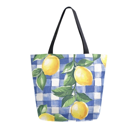 FORMRS Womens Canvas Tote Bag with Zipper Inner Pocket Shoulder Handbag, Blue Plaid Lemon