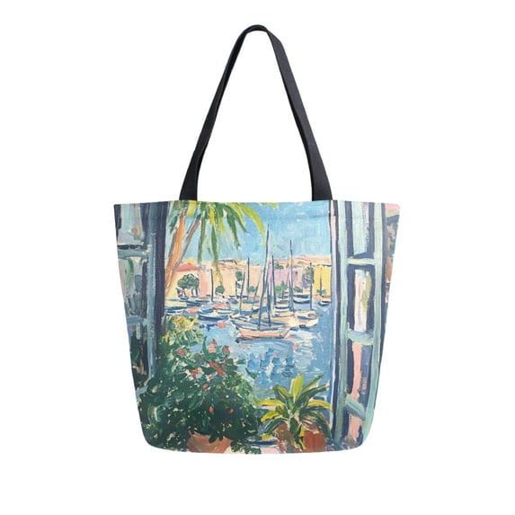 FORMRS Womens Canvas Tote Bag with Zipper Inner Pocket Shoulder Handbag, Blue Sea Boat