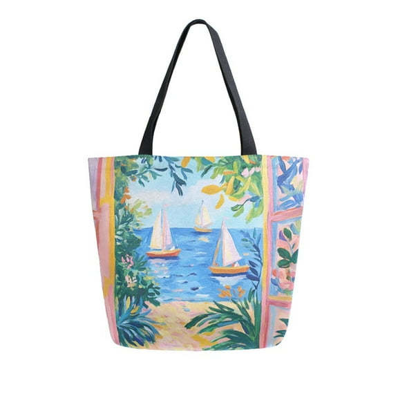 FORMRS Womens Canvas Tote Bag with Zipper Inner Pocket Shoulder Handbag, Blue Seaside