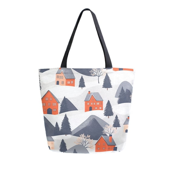 FORMRS Womens Canvas Tote Bag with Zipper Inner Pocket Shoulder Handbag, Blue Snow Houses