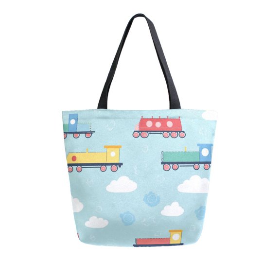 FORMRS Womens Canvas Tote Bag with Zipper Inner Pocket Shoulder Handbag, Blue Trains Pattern