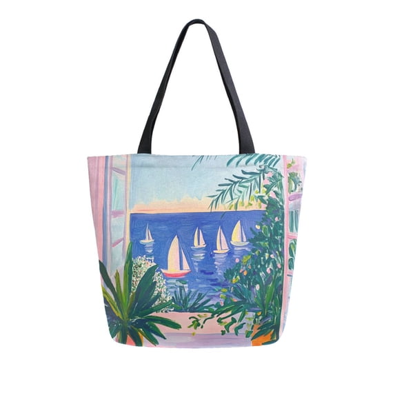 FORMRS Womens Canvas Tote Bag with Zipper Inner Pocket Shoulder Handbag, Boat Seaside