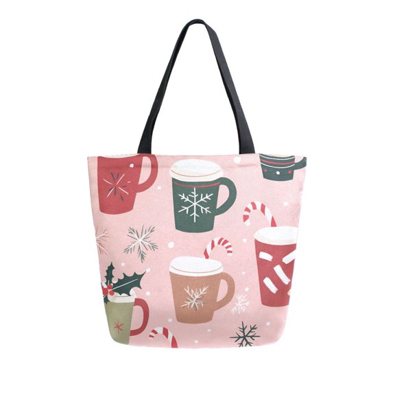 FORMRS Womens Canvas Tote Bag with Zipper Inner Pocket Shoulder Handbag, Brown Christmas Cups
