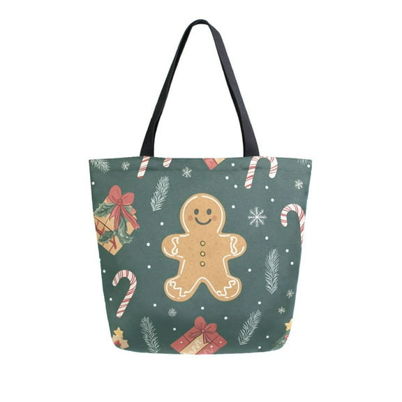 FORMRS Womens Canvas Tote Bag with Zipper Inner Pocket Shoulder Handbag, Brown Christmas Gingerbread