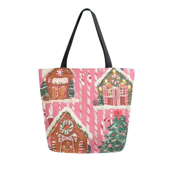 FORMRS Womens Canvas Tote Bag with Zipper Inner Pocket Shoulder Handbag, Brown Gingerbread Houses