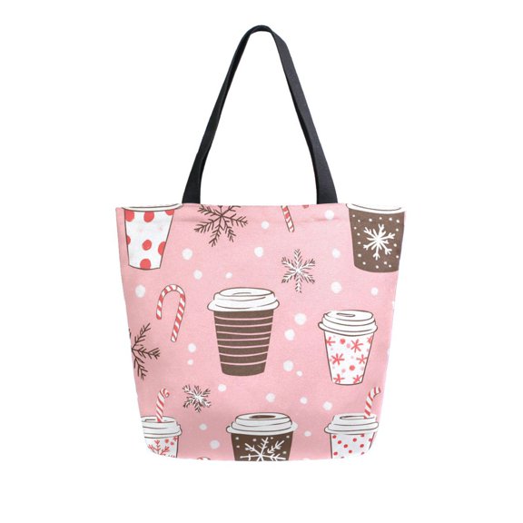 FORMRS Womens Canvas Tote Bag with Zipper Inner Pocket Shoulder Handbag, Brown Hand Drawn Cups