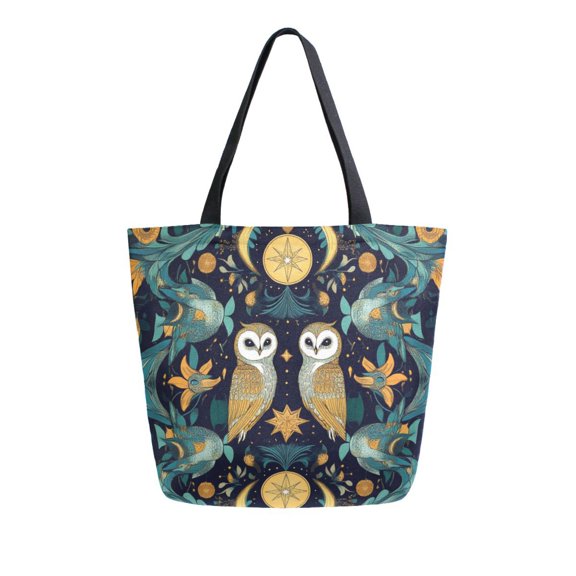 FORMRS Womens Canvas Tote Bag with Zipper Inner Pocket Shoulder Handbag, Brown Mystical Owls