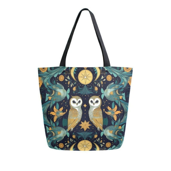 FORMRS Womens Canvas Tote Bag with Zipper Inner Pocket Shoulder Handbag, Brown Mystical Owls