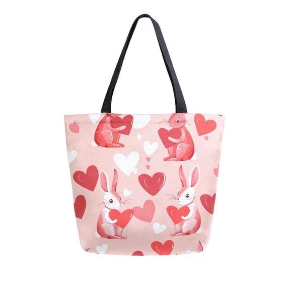 FORMRS Womens Canvas Tote Bag with Zipper Inner Pocket Shoulder Handbag, Bunnies and Hearts