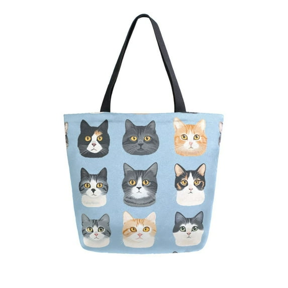 FORMRS Womens Canvas Tote Bag with Zipper Inner Pocket Shoulder Handbag, Cartoon Cute Cat
