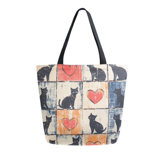 FORMRS Womens Canvas Tote Bag with Zipper Inner Pocket Shoulder Handbag, Cats and Hearts