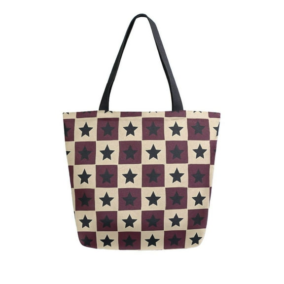 FORMRS Womens Canvas Tote Bag with Zipper Inner Pocket Shoulder Handbag, Checkered Stars Pattern