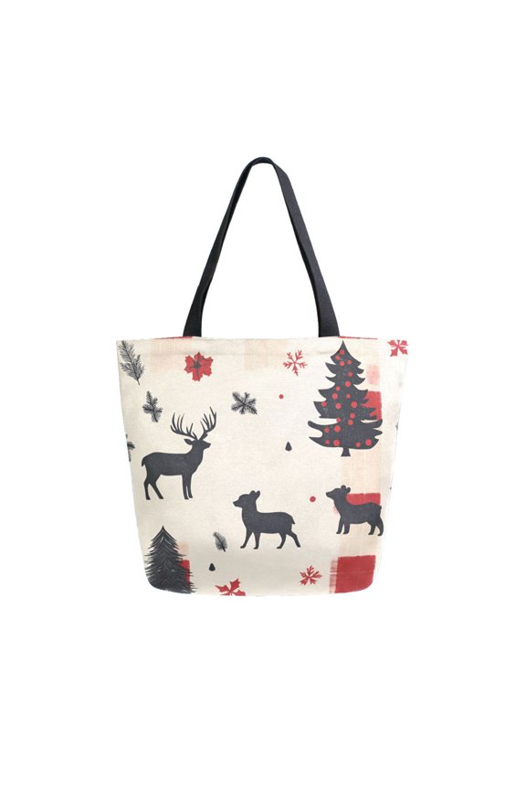 Womens Canvas Tote Bag with Zipper Inner Pocket Shoulder Handbag, Christmas Forest