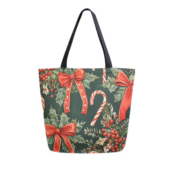 FORMRS Womens Canvas Tote Bag with Zipper Inner Pocket Shoulder Handbag, Christmas Holly Bows