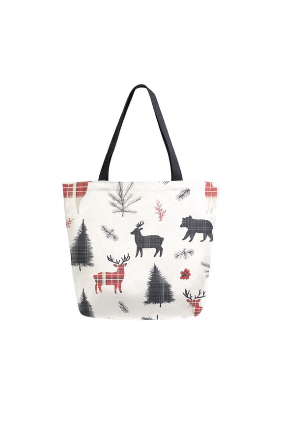 Womens Canvas Tote Bag with Zipper Inner Pocket Shoulder Handbag, Christmas Plaid Deer
