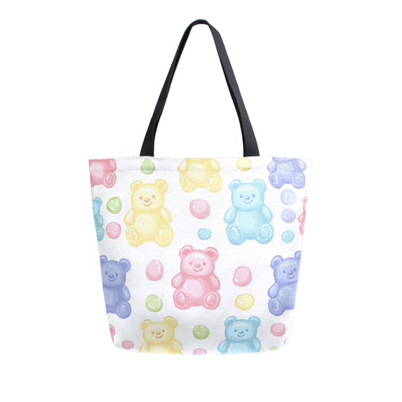 FORMRS Womens Canvas Tote Bag with Zipper Inner Pocket Shoulder Handbag, Colorful Gummy Bears Pattern