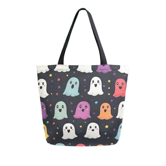 FORMRS Womens Canvas Tote Bag with Zipper Inner Pocket Shoulder Handbag, Colorful Halloween Ghost