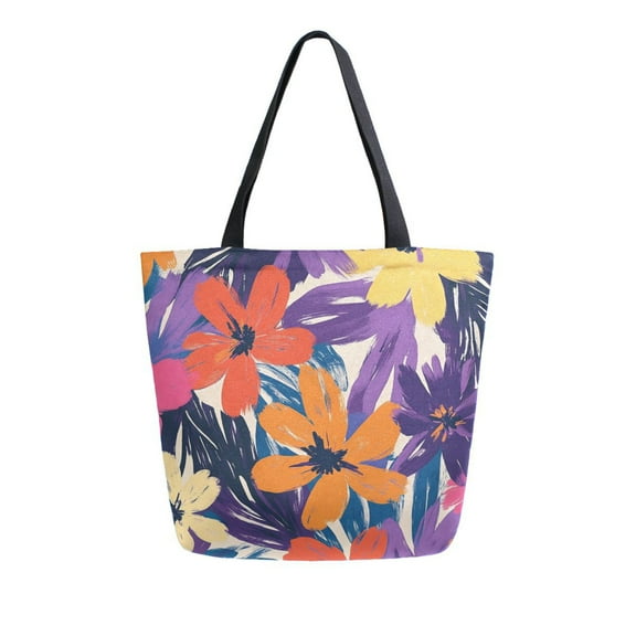 FORMRS Womens Canvas Tote Bag with Zipper Inner Pocket Shoulder Handbag, Colorful Painted Flowers Pattern