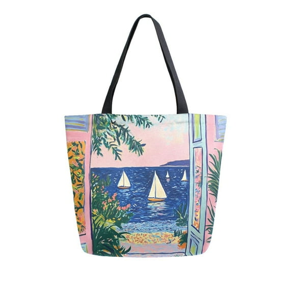 FORMRS Womens Canvas Tote Bag with Zipper Inner Pocket Shoulder Handbag, Colorful Seaside