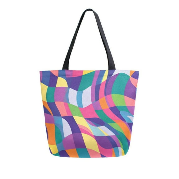 FORMRS Womens Canvas Tote Bag with Zipper Inner Pocket Shoulder Handbag, Colorful Wavy Pattern