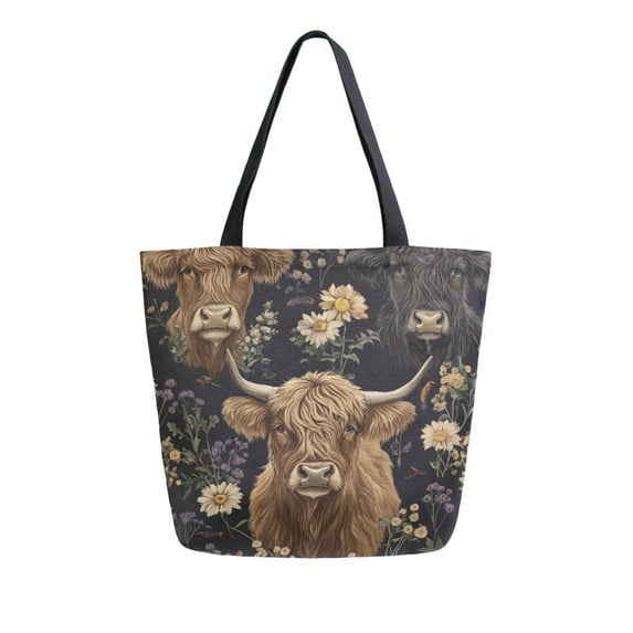 FORMRS Womens Canvas Tote Bag with Zipper Inner Pocket Shoulder Handbag, Cows and Flowers