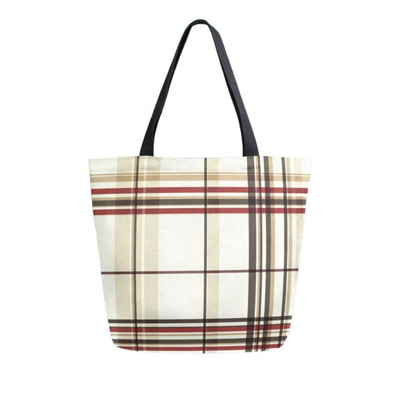 FORMRS Womens Canvas Tote Bag with Zipper Inner Pocket Shoulder Handbag, Cream Plaid