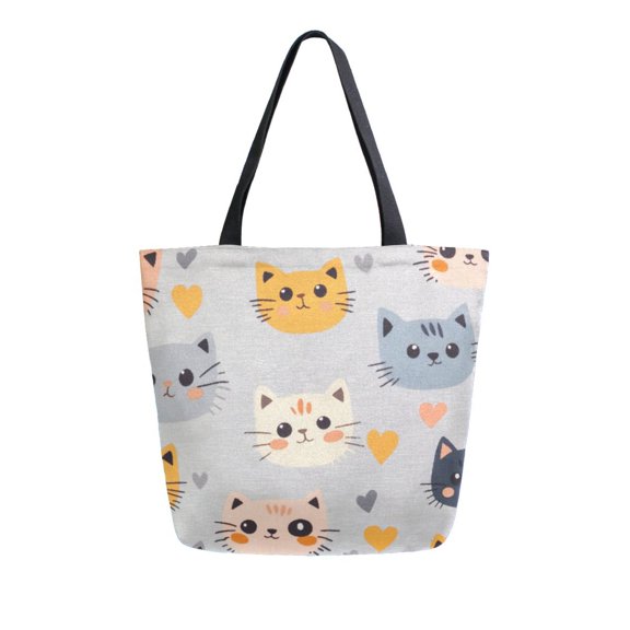 FORMRS Womens Canvas Tote Bag with Zipper Inner Pocket Shoulder Handbag, Cute Cartoon Cat