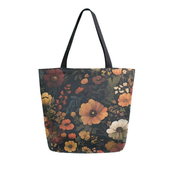 FORMRS Womens Canvas Tote Bag with Zipper Inner Pocket Shoulder Handbag, Dark Floral Pattern