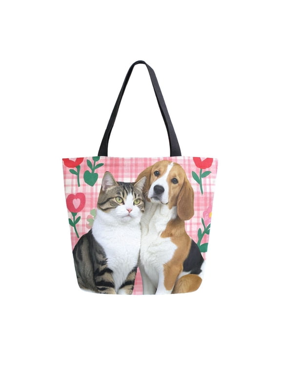 Womens Canvas Tote Bag with Zipper Inner Pocket Shoulder Handbag, Dog Cat Love