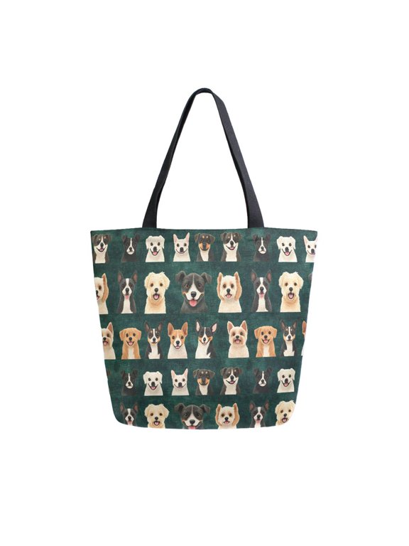 Womens Canvas Tote Bag with Zipper Inner Pocket Shoulder Handbag, Dogs Head Pattern