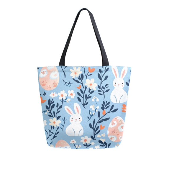 FORMRS Womens Canvas Tote Bag with Zipper Inner Pocket Shoulder Handbag, Floral Easter Rabbits
