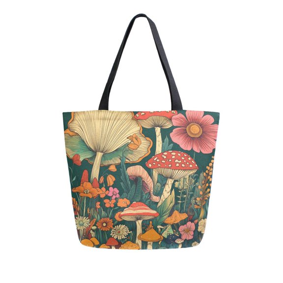 FORMRS Womens Canvas Tote Bag with Zipper Inner Pocket Shoulder Handbag, Floral Mushroom