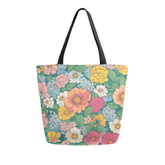 FORMRS Womens Canvas Tote Bag with Zipper Inner Pocket Shoulder Handbag, Floral Pattern
