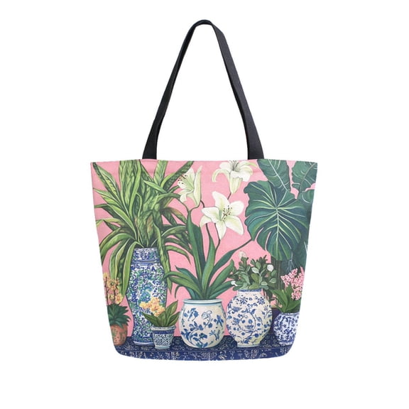 FORMRS Womens Canvas Tote Bag with Zipper Inner Pocket Shoulder Handbag, Floral Vase