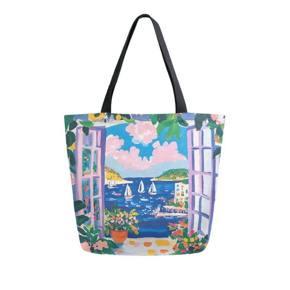 FORMRS Womens Canvas Tote Bag with Zipper Inner Pocket Shoulder Handbag, Floral Window