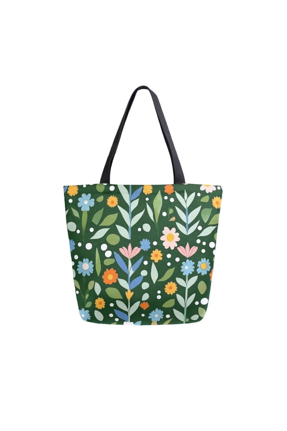 Womens Canvas Tote Bag with Zipper Inner Pocket Shoulder Handbag, Flourish Flowers Pattern