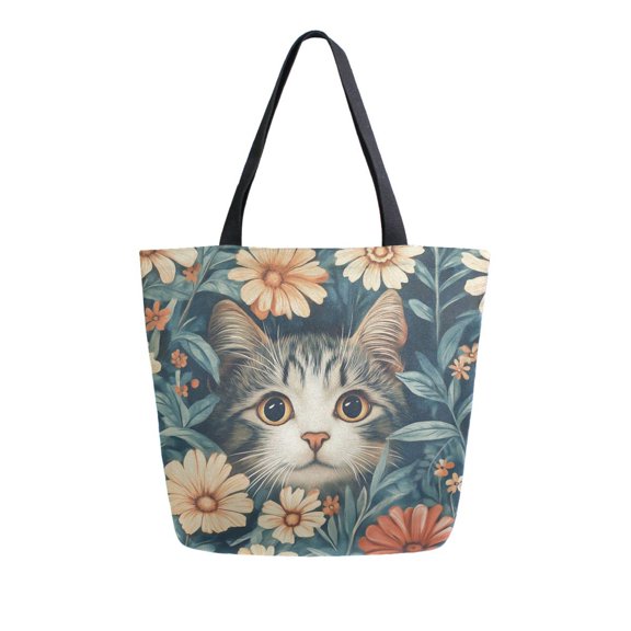 FORMRS Womens Canvas Tote Bag with Zipper Inner Pocket Shoulder Handbag, Flowers Cat
