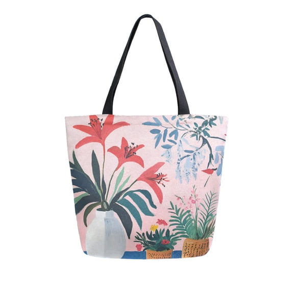 FORMRS Womens Canvas Tote Bag with Zipper Inner Pocket Shoulder Handbag, Flowers and Leaves