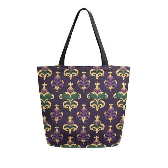 FORMRS Womens Canvas Tote Bag with Zipper Inner Pocket Shoulder Handbag, Gold and Purple Floral Pattern