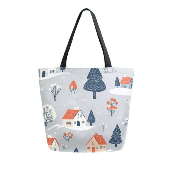 FORMRS Womens Canvas Tote Bag with Zipper Inner Pocket Shoulder Handbag, Gray Cartoon Houses
