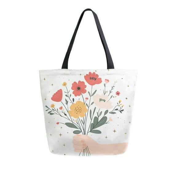 FORMRS Womens Canvas Tote Bag with Zipper Inner Pocket Shoulder Handbag, Gray Cute Flower