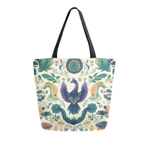 FORMRS Womens Canvas Tote Bag with Zipper Inner Pocket Shoulder Handbag, Green Animals Pattern