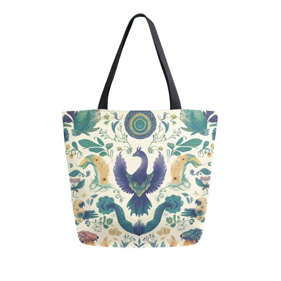 FORMRS Womens Canvas Tote Bag with Zipper Inner Pocket Shoulder Handbag, Green Animals Pattern